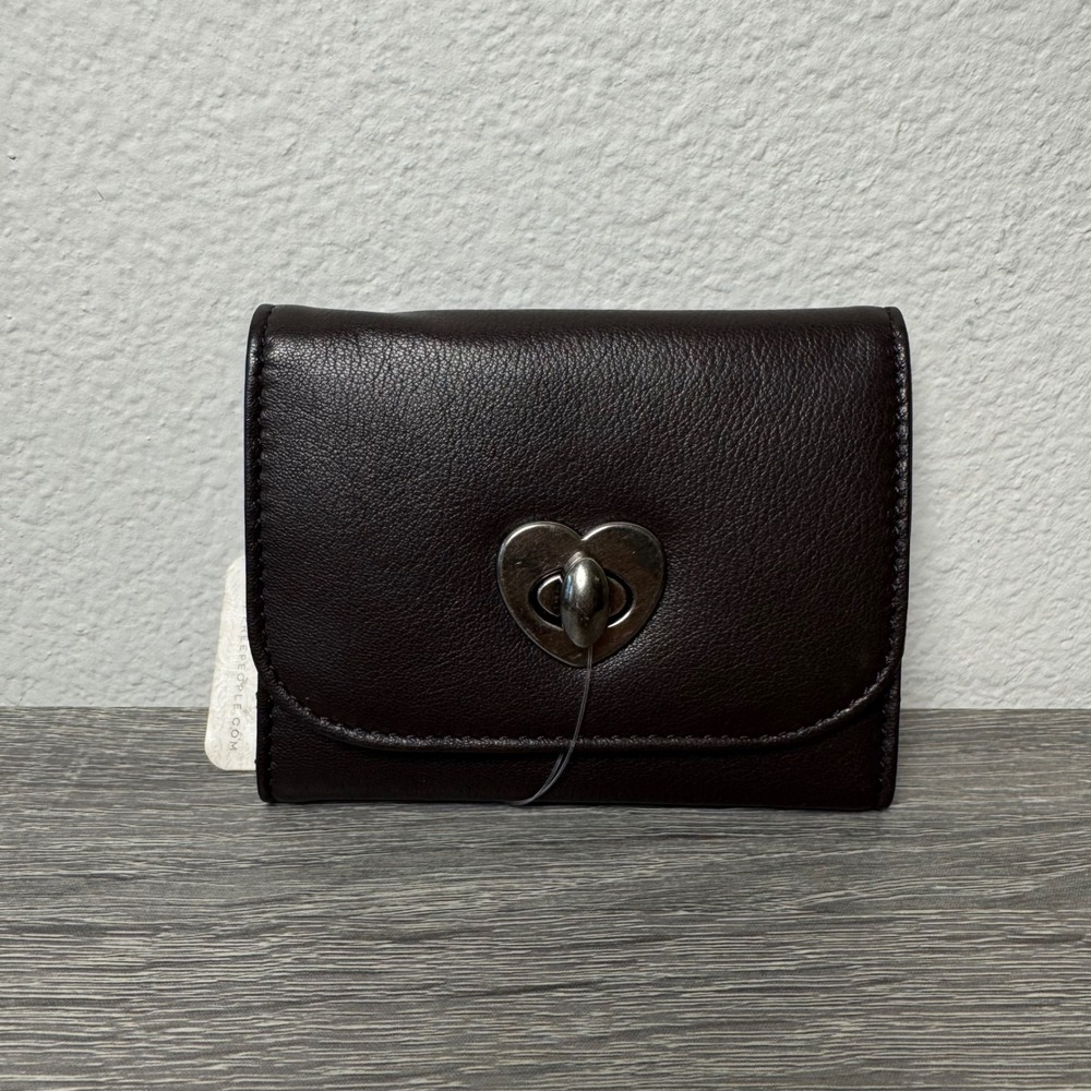 Free People Lock It Up Leather Wallet Brown Heart Turn Lock Trifold Card Holder